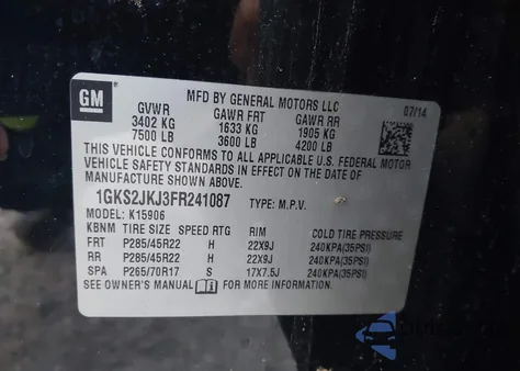 2015 GMC Yukon Xl 1500 Denali из США, поврежденный, VIN 1GKS2JKJ3FR241087